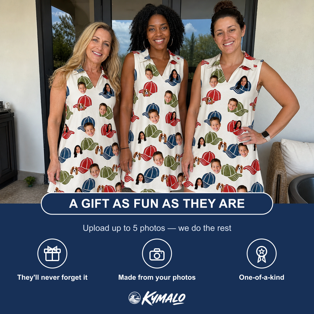 Friends in matching Women's Brim Bonds Custom Face V-Neck Dress — a group gift photo