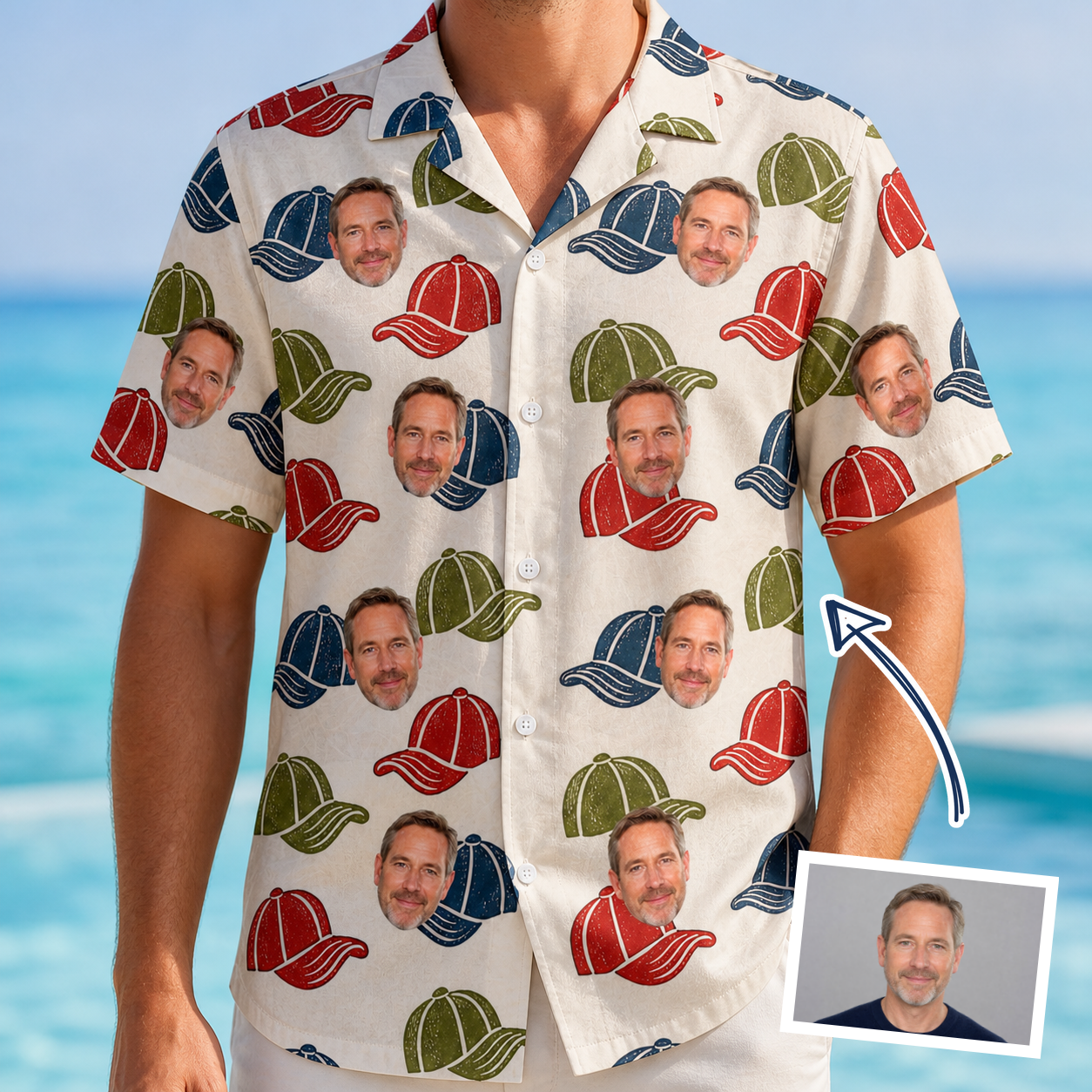 Man wearing Men's Brim Bonds Custom Face Hawaiian Shirt — custom faces printed all-over