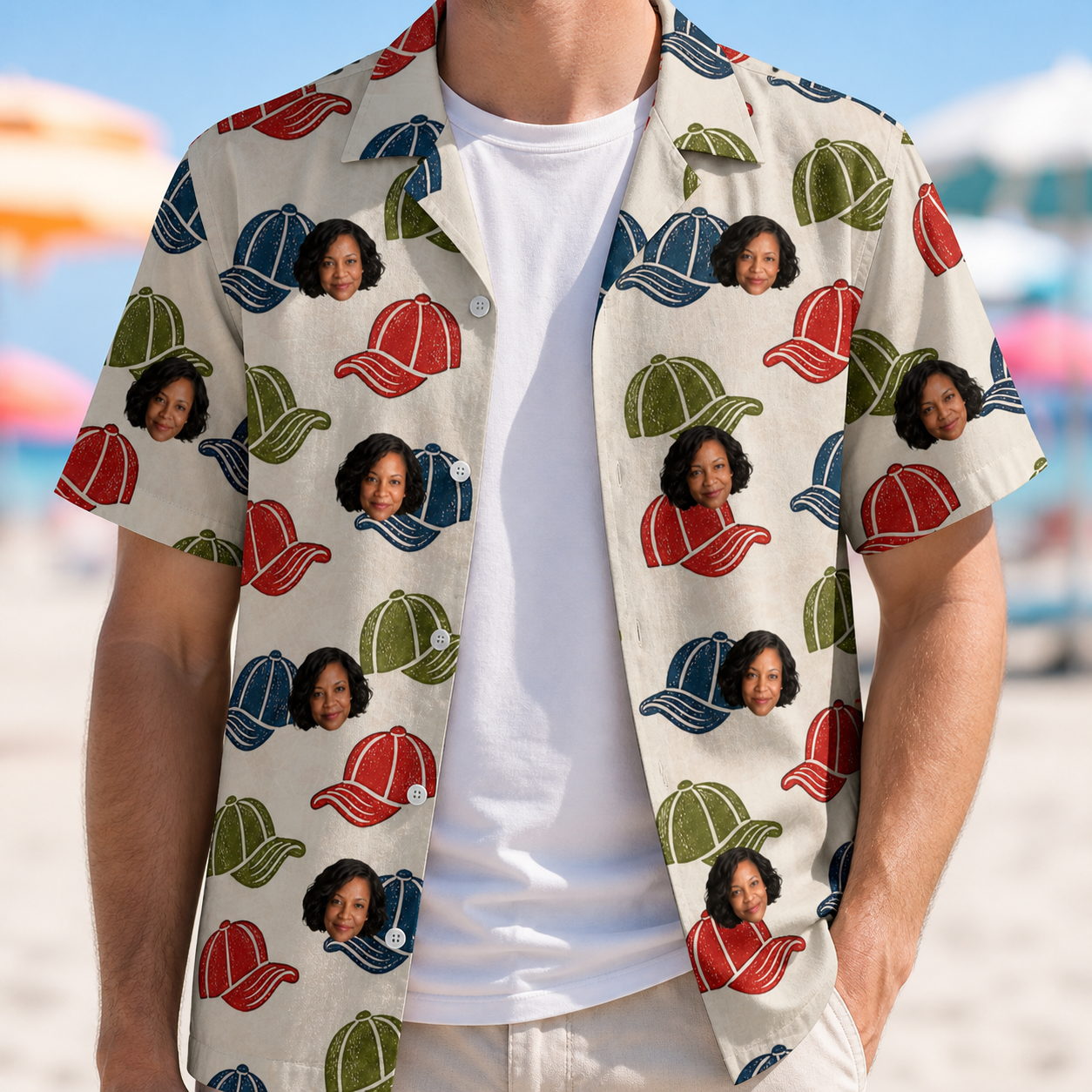Man wearing Men's Brim Bonds Custom Face Hawaiian Shirt open over a white tee