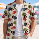 Man wearing Men's Brim Bonds Custom Face Hawaiian Shirt open over a white tee