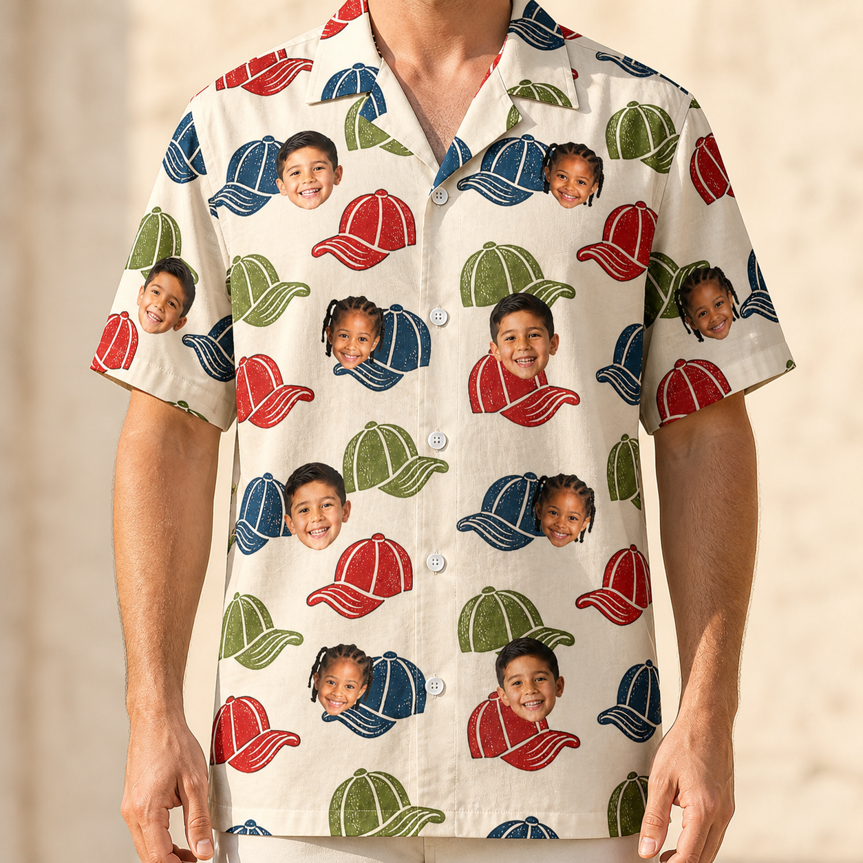 Model wearing Men's Brim Bonds Custom Face Hawaiian Shirt printed with kids' faces