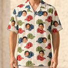 Model wearing Men's Brim Bonds Custom Face Hawaiian Shirt printed with kids' faces