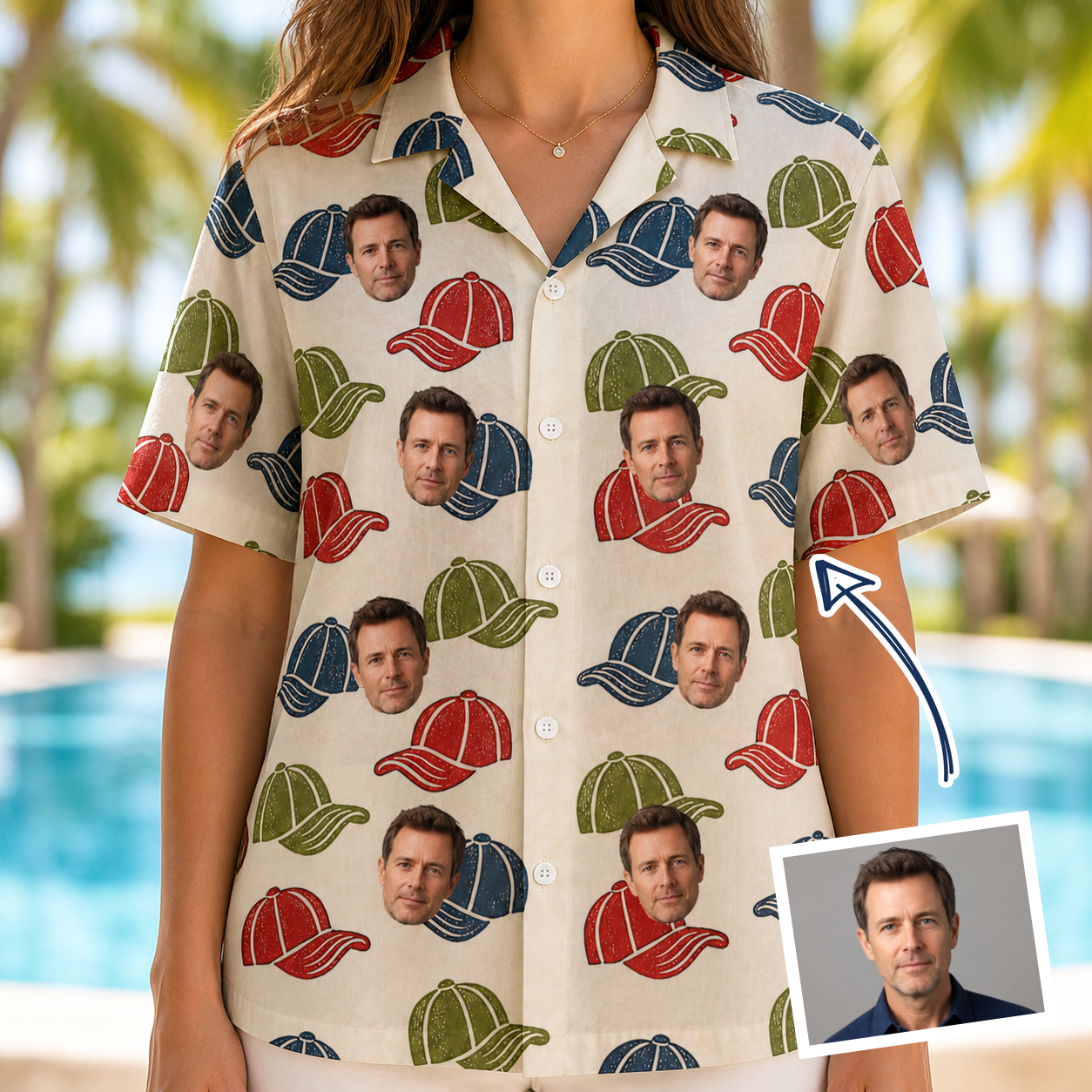 Woman wearing Women's Brim Bonds Custom Face Hawaiian Shirt — custom faces printed all-over