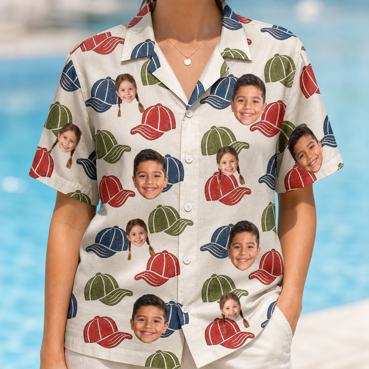 Model wearing Women's Brim Bonds Custom Face Hawaiian Shirt printed with kids' faces
