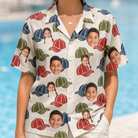 Model wearing Women's Brim Bonds Custom Face Hawaiian Shirt printed with kids' faces