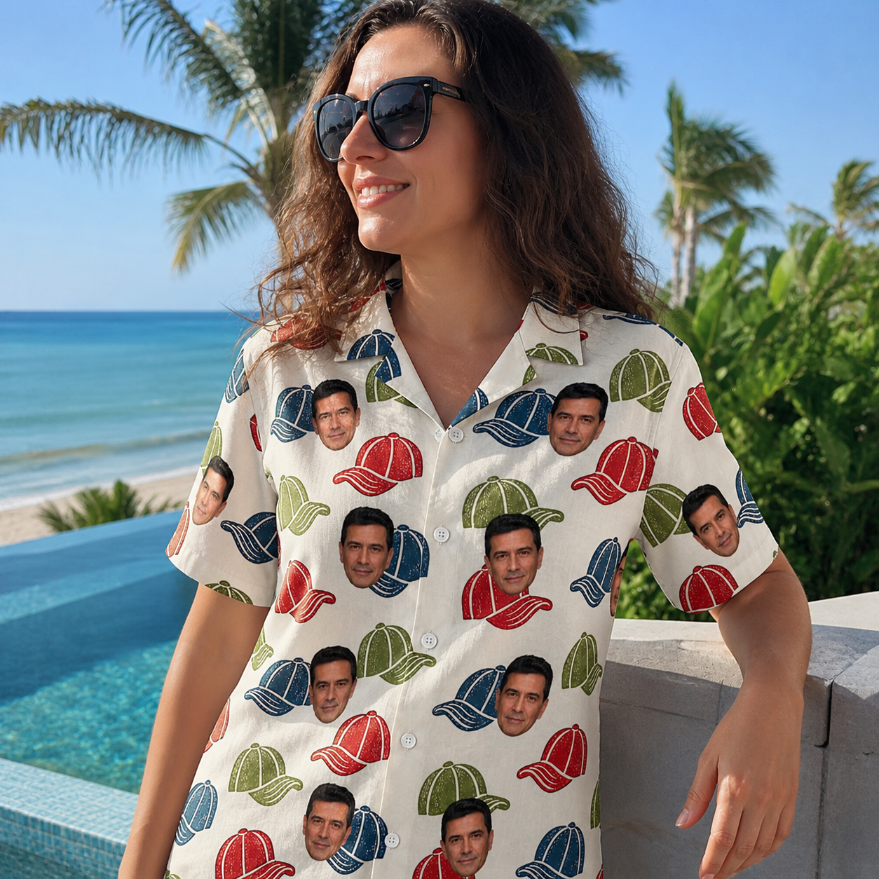 Real-life photo of someone wearing Women's Brim Bonds Custom Face Hawaiian Shirt — custom faces printed all-over