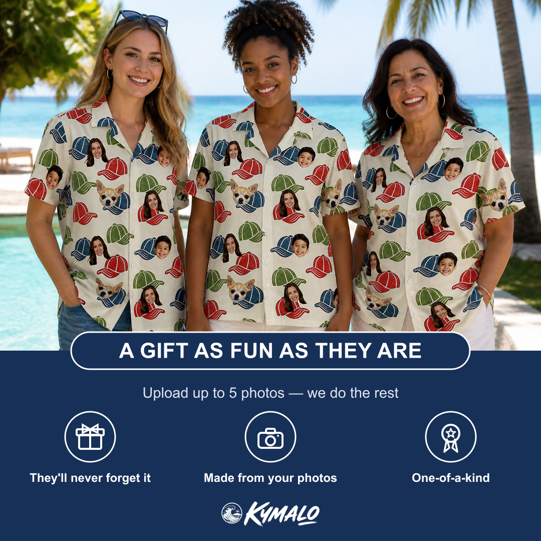 Friends in matching Women's Brim Bonds Custom Face Hawaiian Shirt — a group gift photo