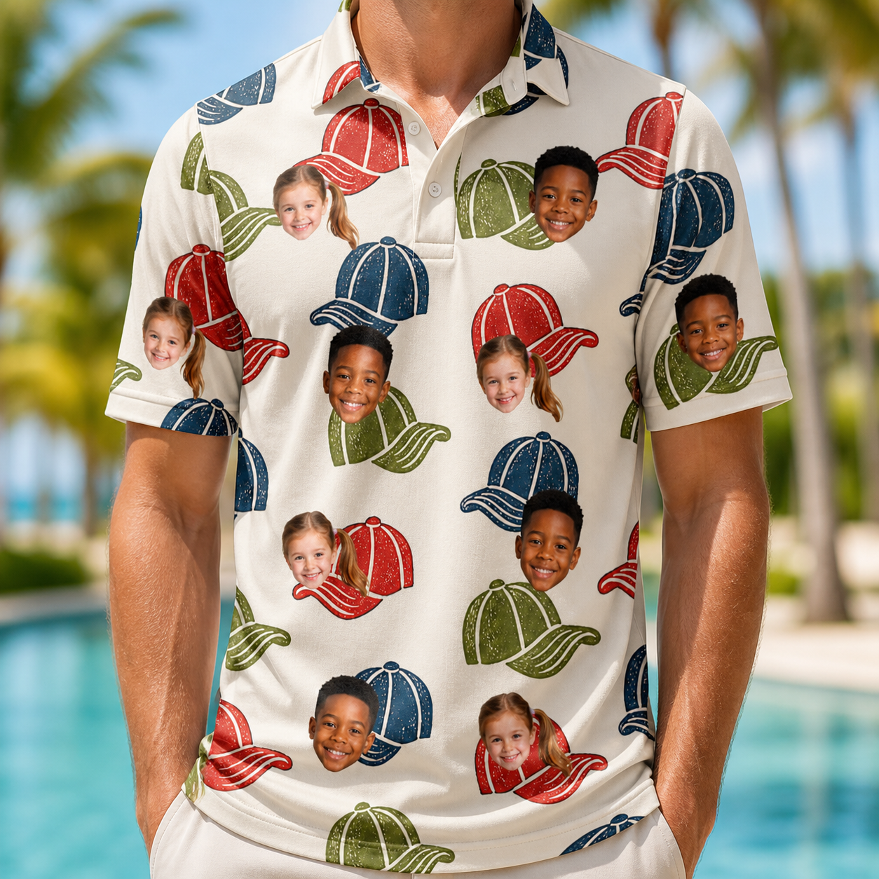 Model wearing Men's Brim Bonds Custom Face Polo Shirt printed with kids' faces