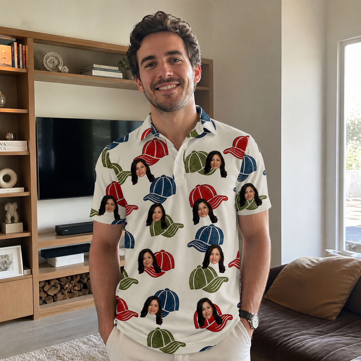 Real-life photo of someone wearing Men's Brim Bonds Custom Face Polo Shirt — custom faces printed all-over