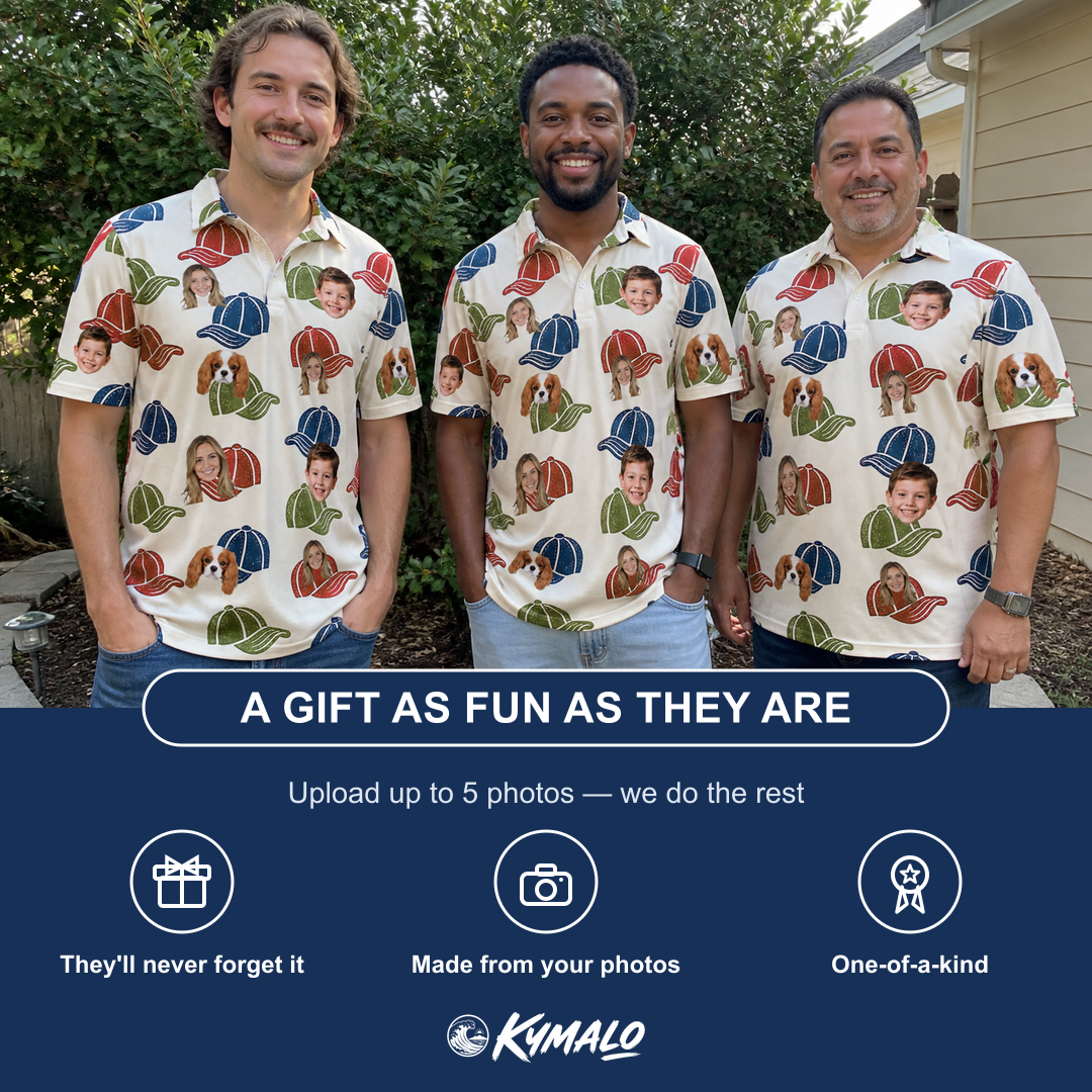 Friends in matching Men's Brim Bonds Custom Face Polo Shirt — a group gift photo
