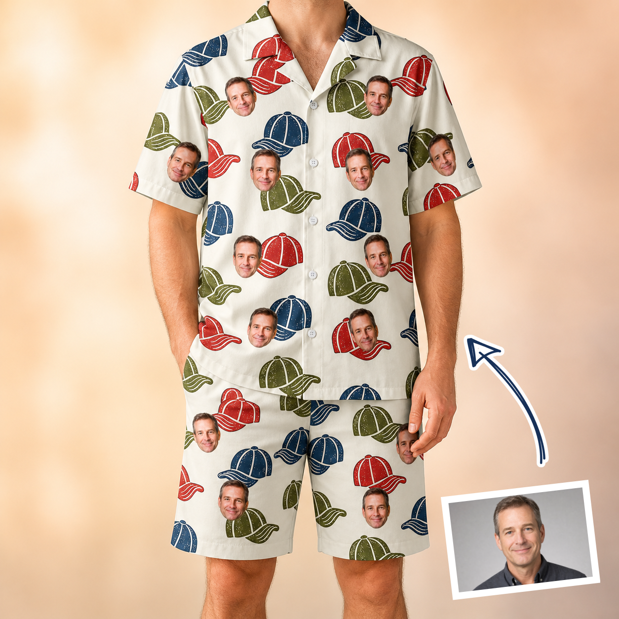 Man wearing Men's Brim Bonds Custom Face Shirt & Shorts Set — custom faces printed all-over