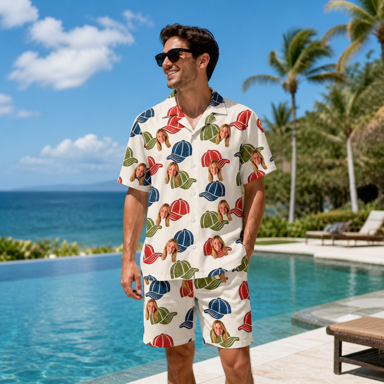Real-life photo of someone wearing Men's Brim Bonds Custom Face Shirt & Shorts Set — custom faces printed all-over