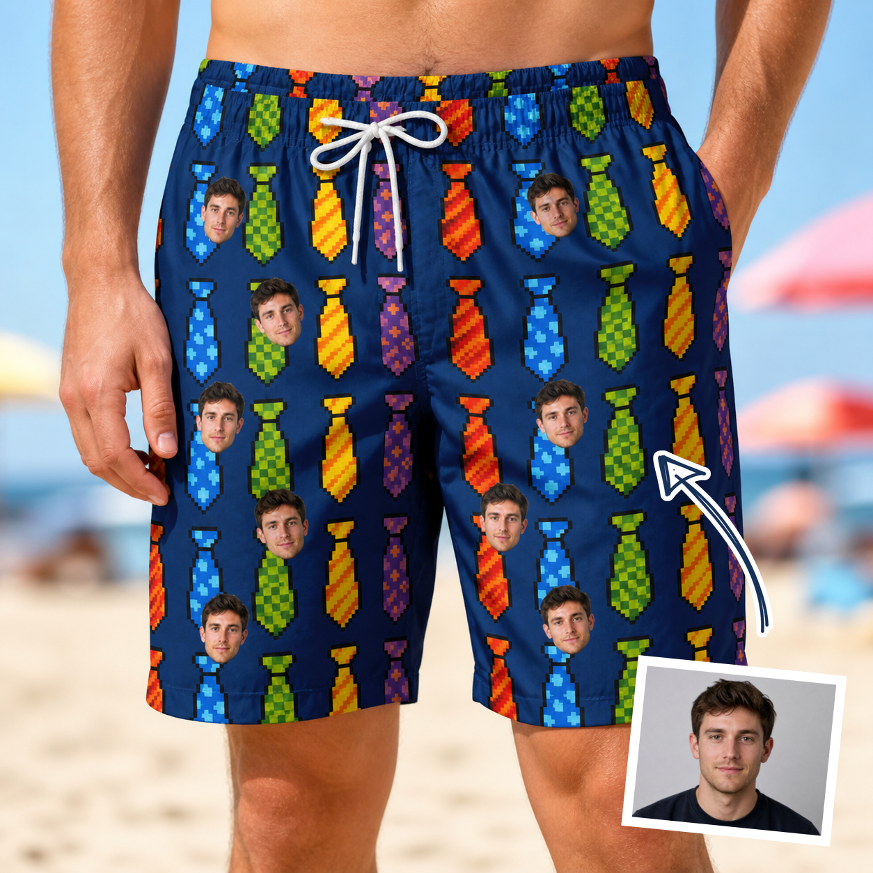 Man wearing Men's Necktie Nostalgia Custom Face Beach Shorts — custom faces printed all-over