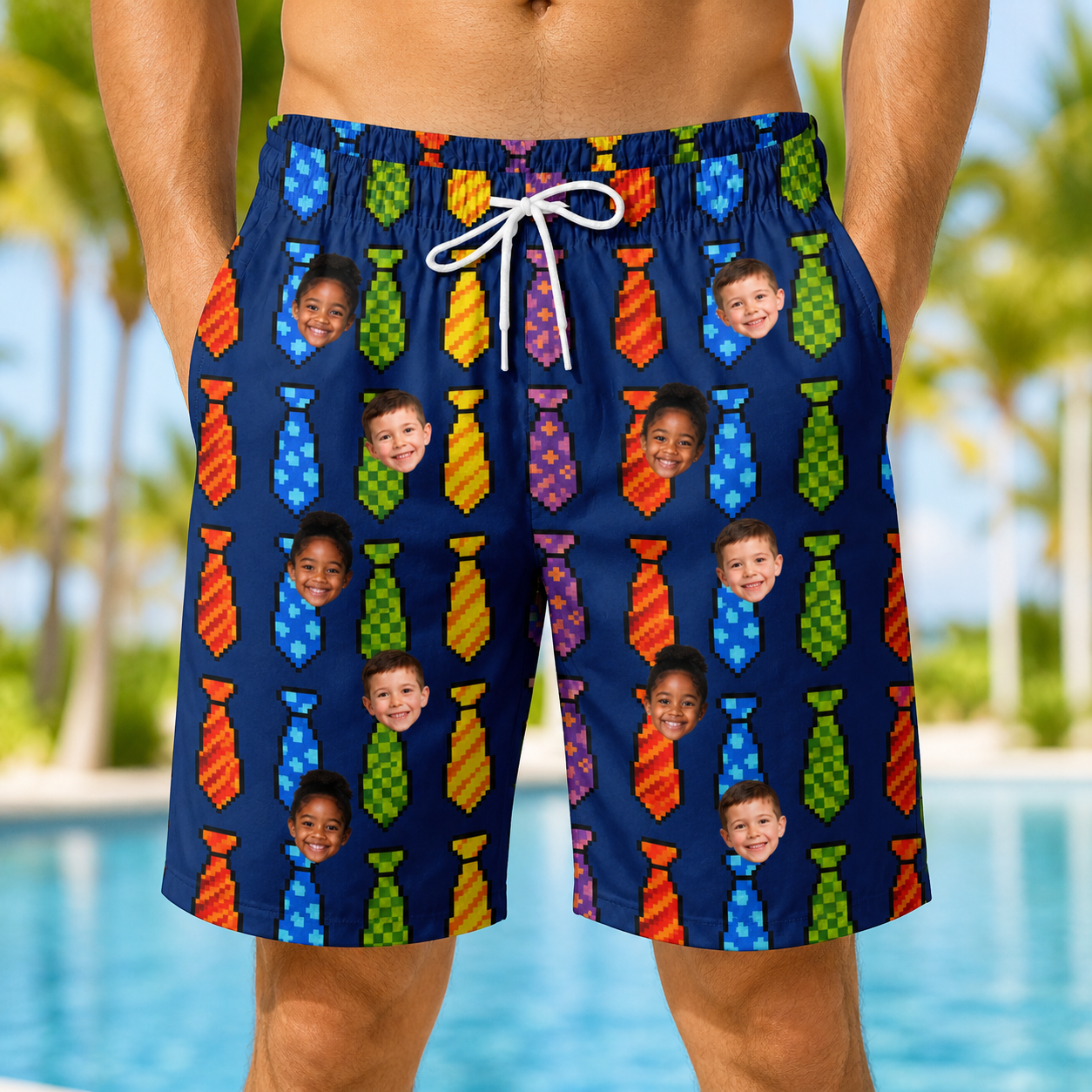 Model wearing Men's Necktie Nostalgia Custom Face Beach Shorts printed with kids' faces