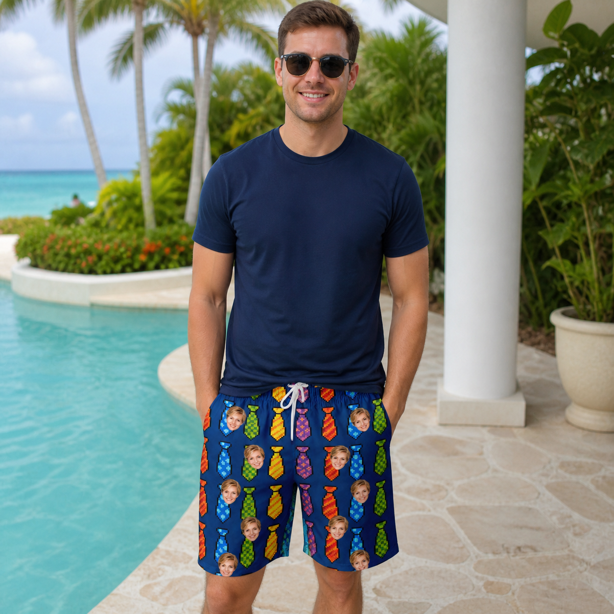 Real-life photo of someone wearing Men's Necktie Nostalgia Custom Face Beach Shorts — custom faces printed all-over