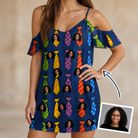 Woman wearing Women's Necktie Nostalgia Custom Face Off-Shoulder Dress — custom faces printed all-over