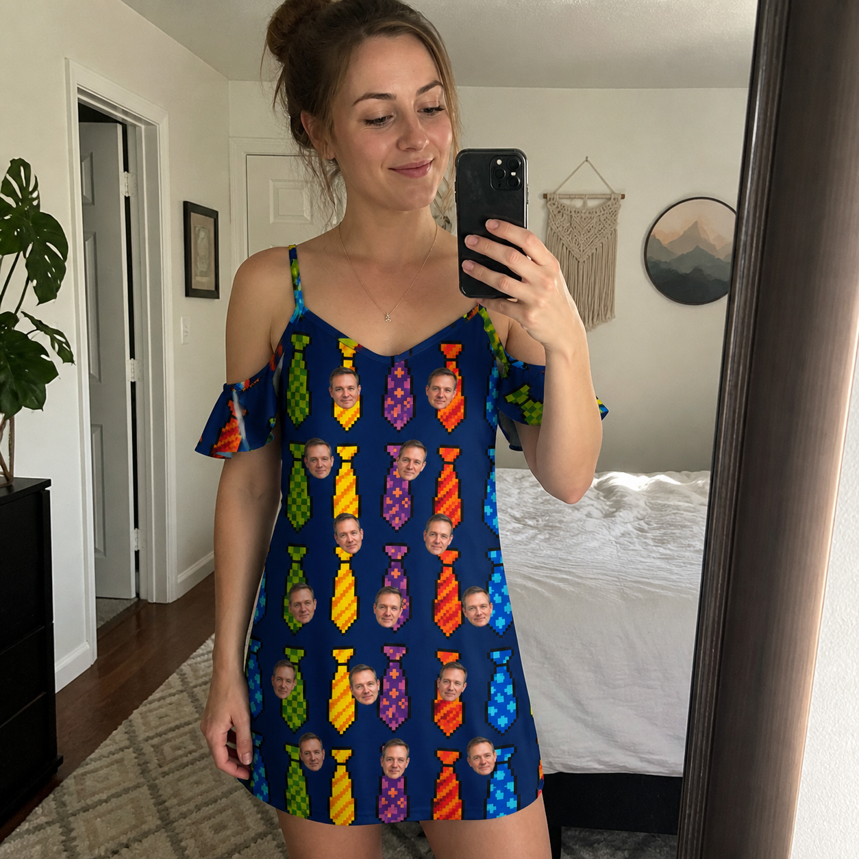 Real-life photo of someone wearing Women's Necktie Nostalgia Custom Face Off-Shoulder Dress — custom faces printed all-over