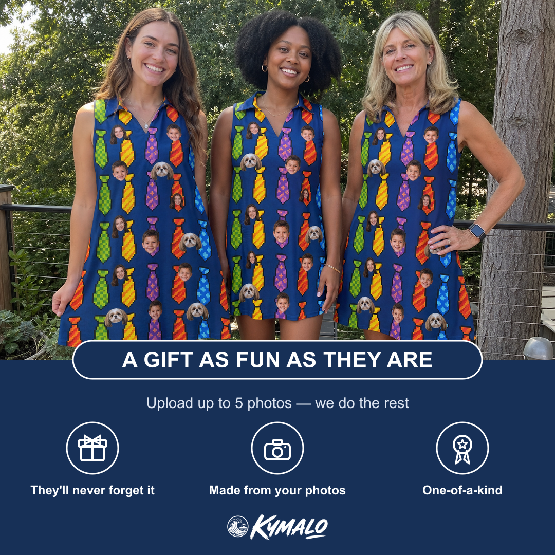 Friends in matching Women's Necktie Nostalgia Custom Face V-Neck Dress — a group gift photo