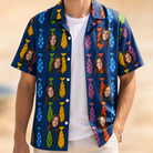 Man wearing Men's Necktie Nostalgia Custom Face Hawaiian Shirt open over a white tee