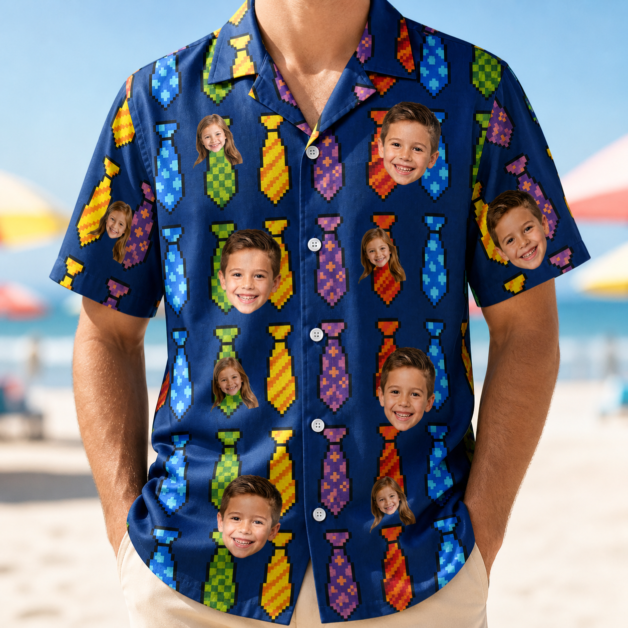 Model wearing Men's Necktie Nostalgia Custom Face Hawaiian Shirt printed with kids' faces