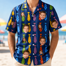 Model wearing Men's Necktie Nostalgia Custom Face Hawaiian Shirt printed with kids' faces