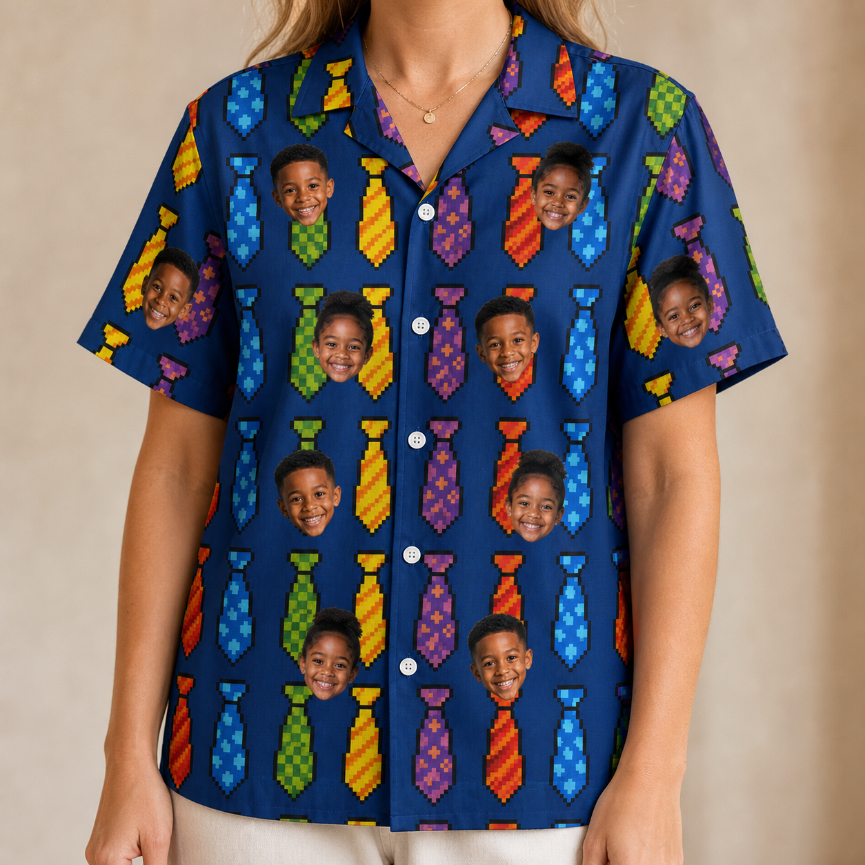 Model wearing Women's Necktie Nostalgia Custom Face Hawaiian Shirt printed with kids' faces
