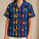 Model wearing Women's Necktie Nostalgia Custom Face Hawaiian Shirt printed with kids' faces