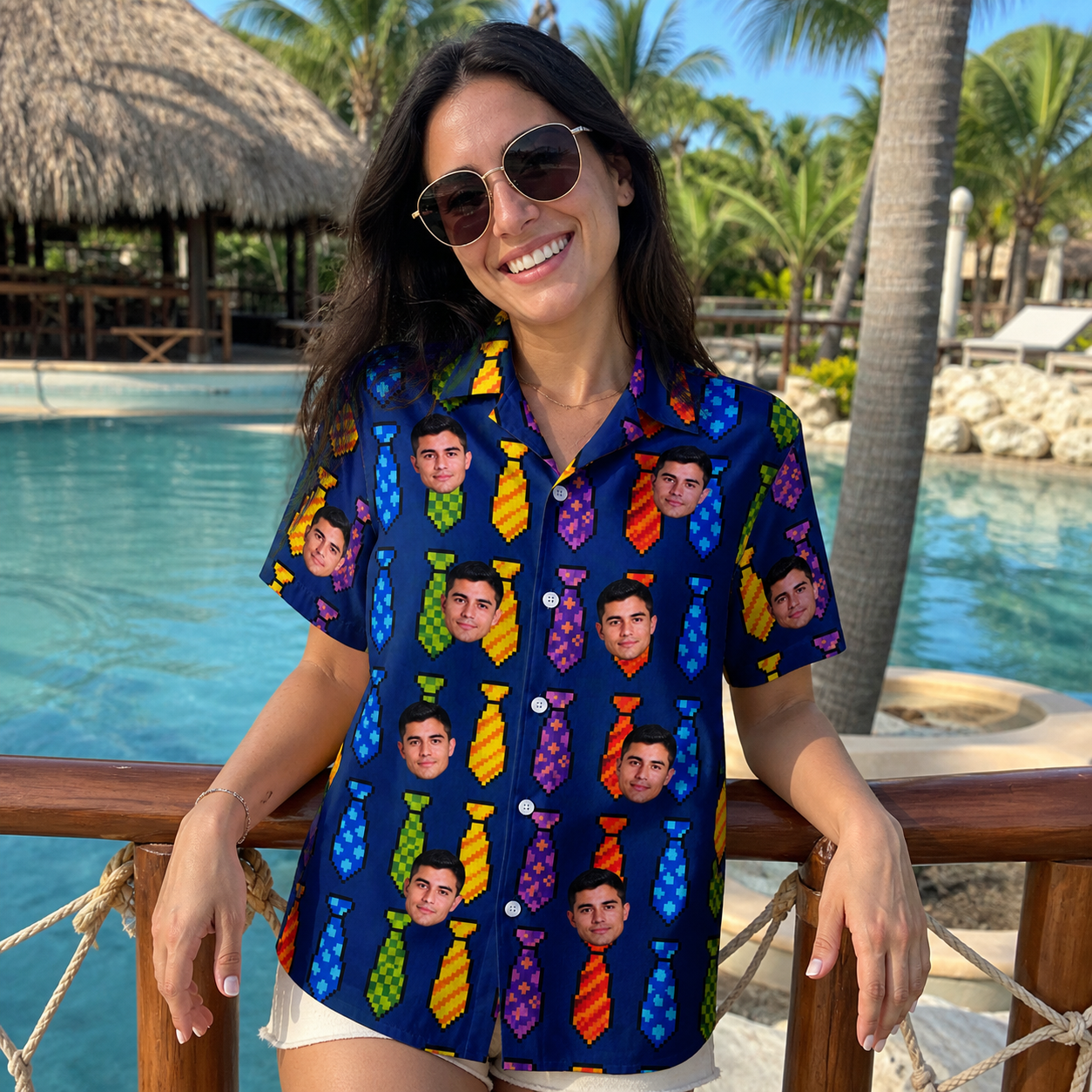 Real-life photo of someone wearing Women's Necktie Nostalgia Custom Face Hawaiian Shirt — custom faces printed all-over