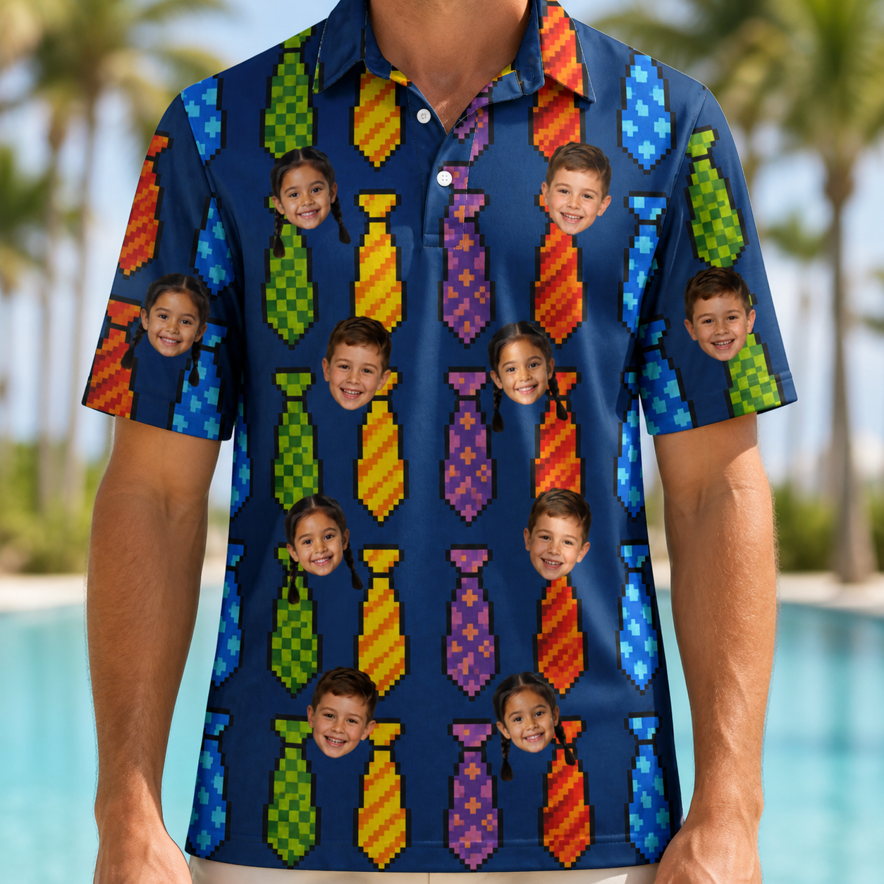 Model wearing Men's Necktie Nostalgia Custom Face Polo Shirt printed with kids' faces