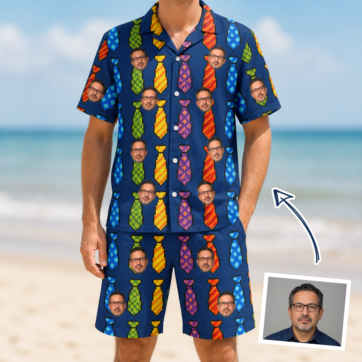 Man wearing Men's Necktie Nostalgia Custom Face Shirt & Shorts Set — custom faces printed all-over