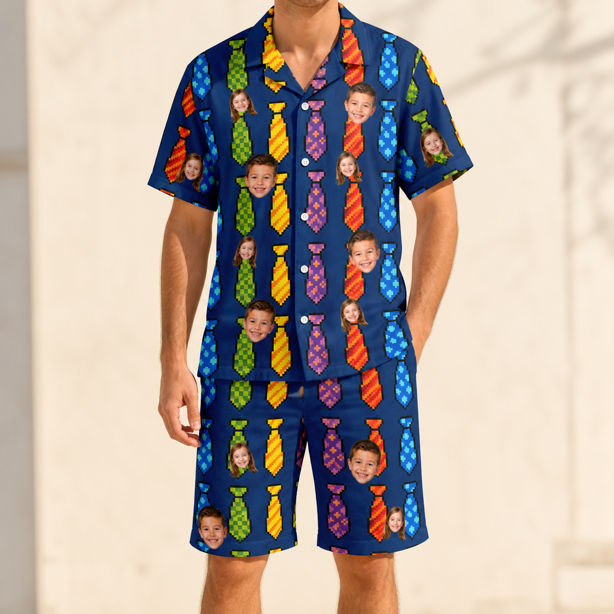 Model wearing Men's Necktie Nostalgia Custom Face Shirt & Shorts Set printed with kids' faces