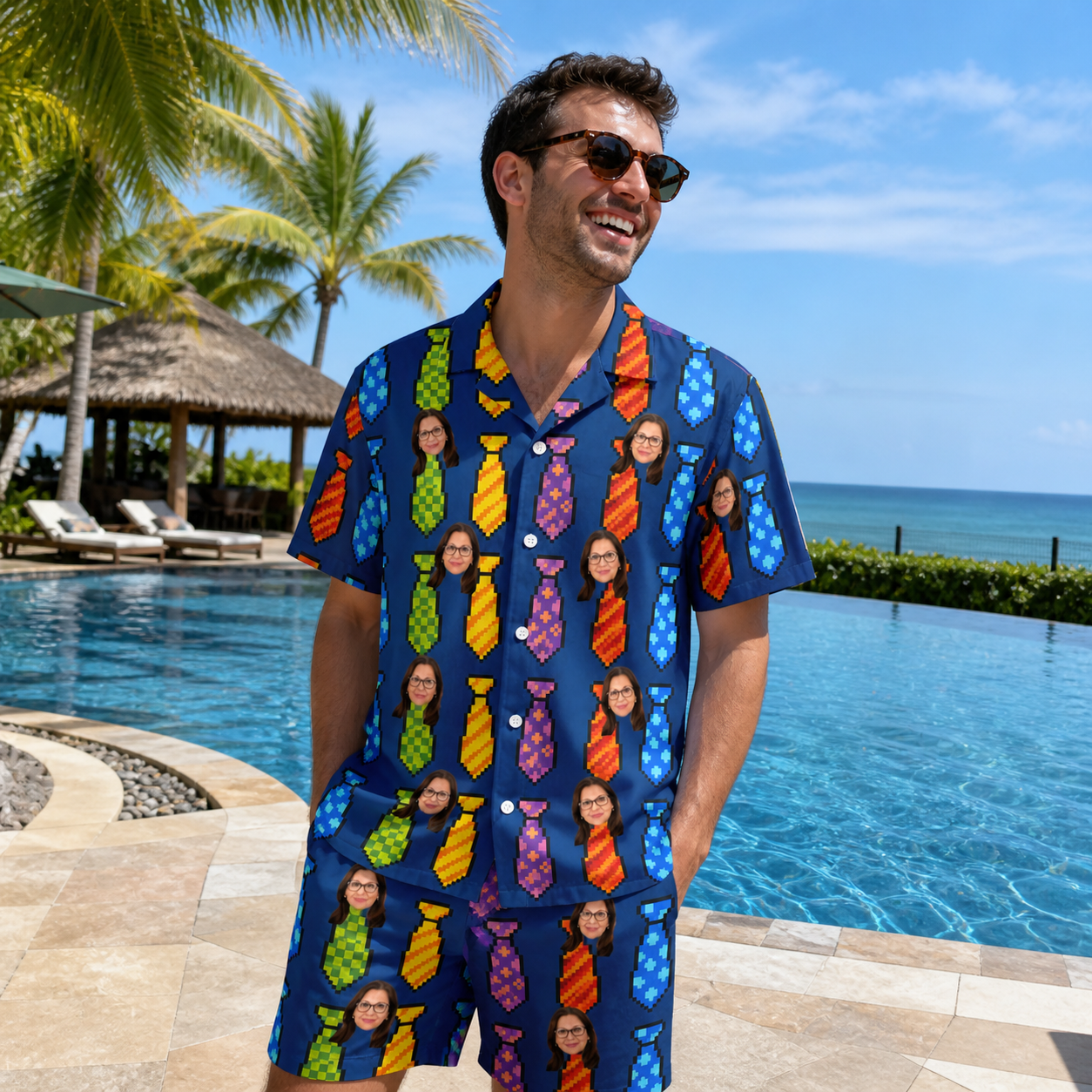 Real-life photo of someone wearing Men's Necktie Nostalgia Custom Face Shirt & Shorts Set — custom faces printed all-over