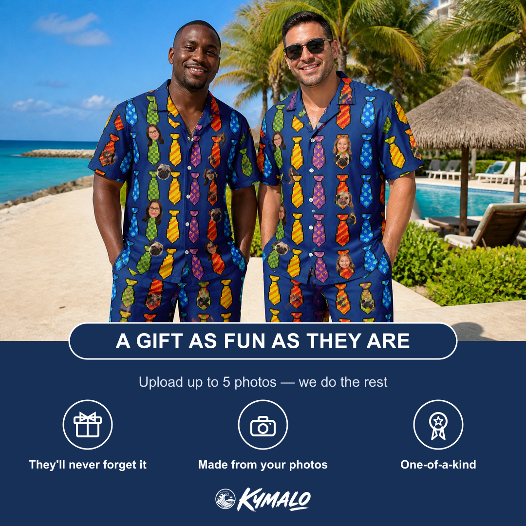 Friends in matching Men's Necktie Nostalgia Custom Face Shirt & Shorts Set — a group gift photo
