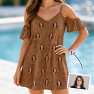 Woman wearing Women's Chord Kinship Custom Face Off-Shoulder Dress — custom faces printed all-over