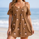 Model wearing Women's Chord Kinship Custom Face Off-Shoulder Dress printed with kids' faces