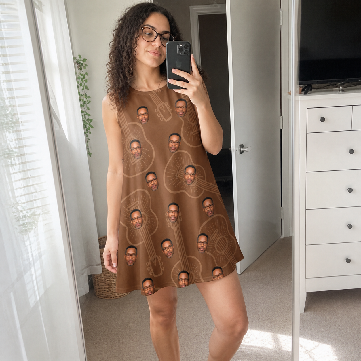 Real-life photo of someone wearing Women's Chord Kinship Custom Face Tank Dress — custom faces printed all-over