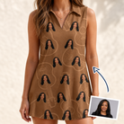 Woman wearing Women's Chord Kinship Custom Face V-Neck Dress — custom faces printed all-over