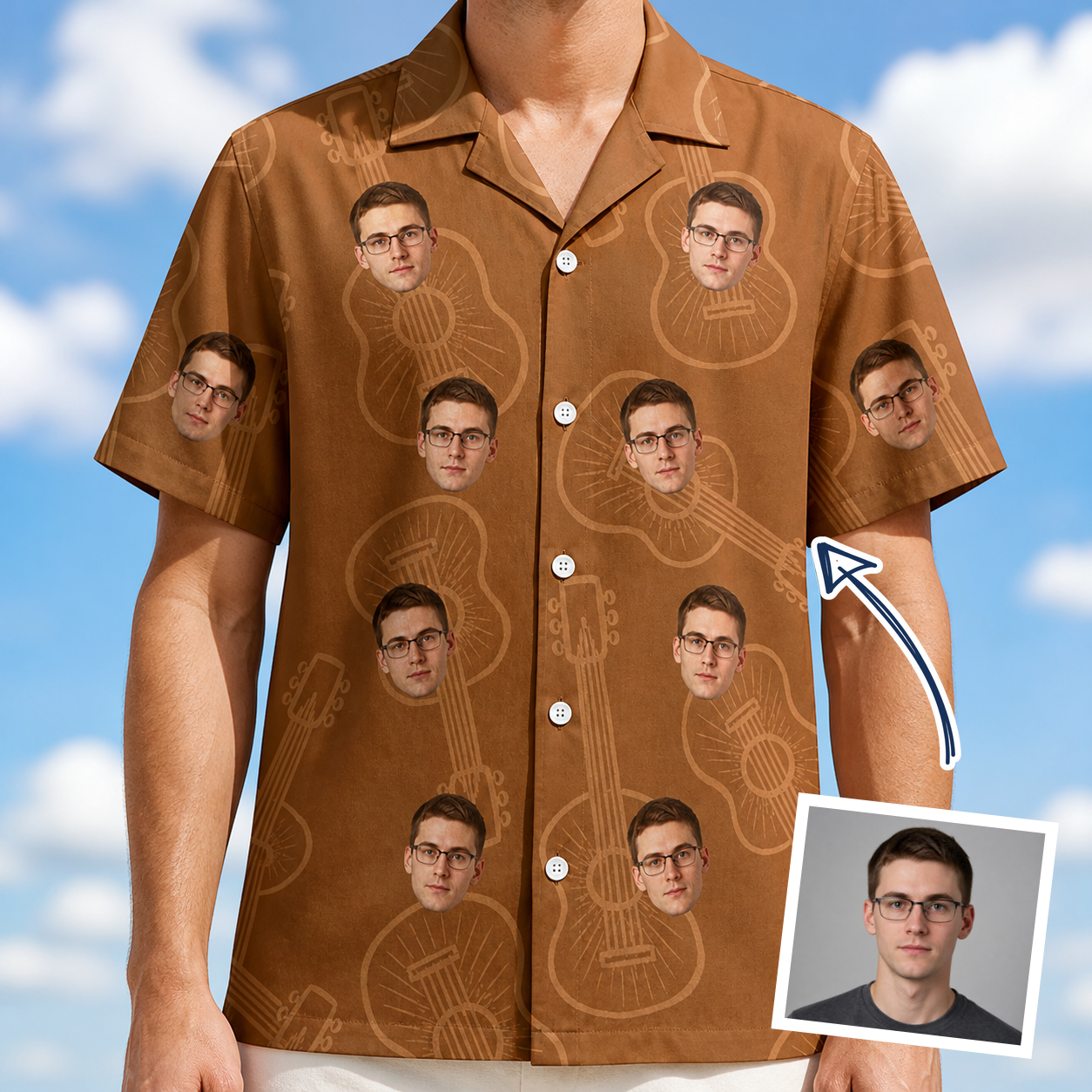 Man wearing Men's Chord Kinship Custom Face Hawaiian Shirt — custom faces printed all-over
