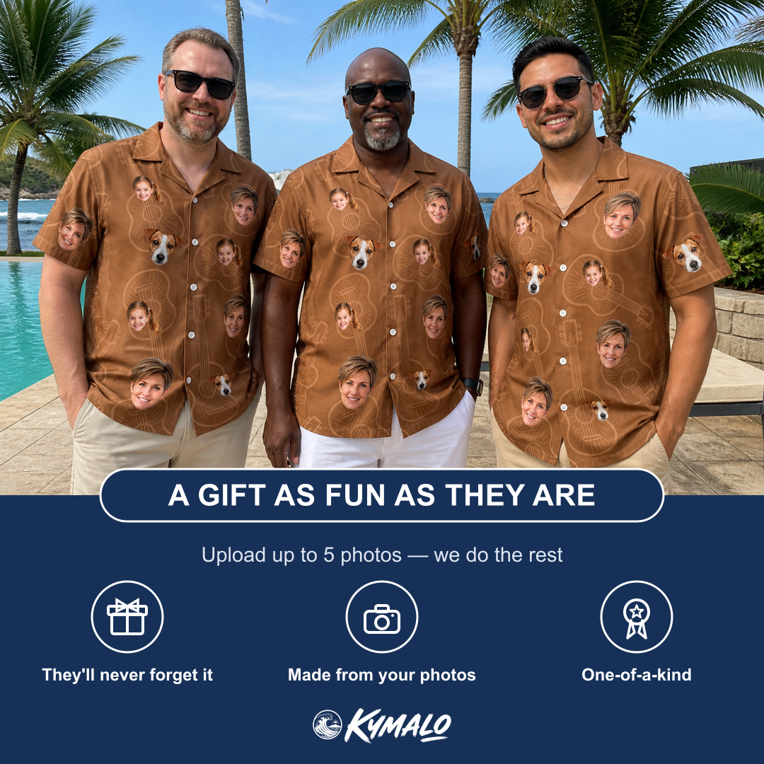 Friends in matching Men's Chord Kinship Custom Face Hawaiian Shirt — a group gift photo