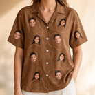 Model wearing Women's Chord Kinship Custom Face Hawaiian Shirt printed with kids' faces