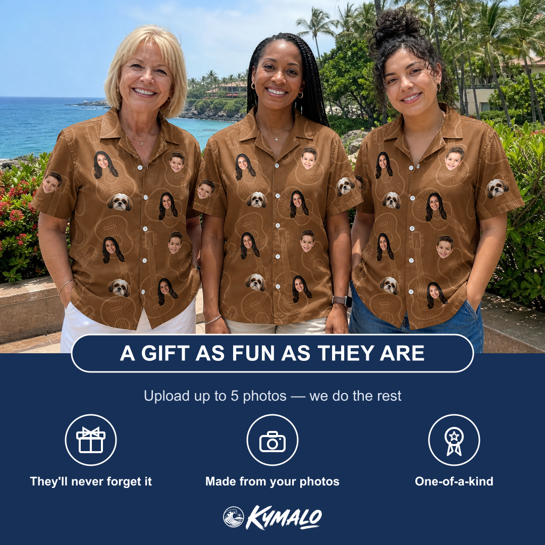 Friends in matching Women's Chord Kinship Custom Face Hawaiian Shirt — a group gift photo