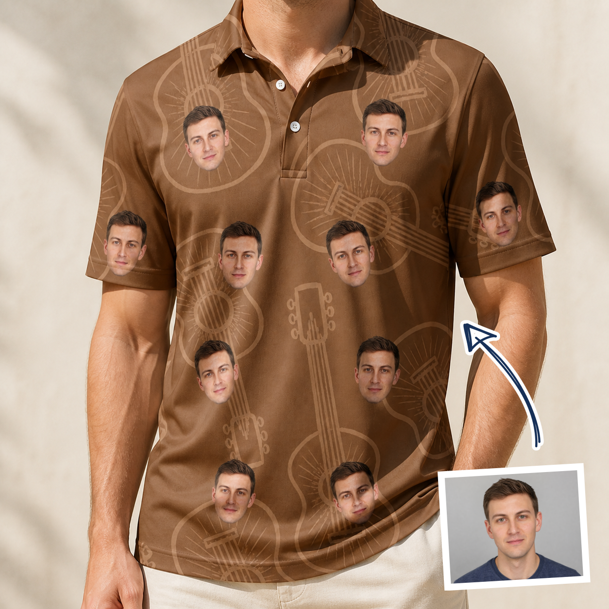 Man wearing Men's Chord Kinship Custom Face Polo Shirt — custom faces printed all-over