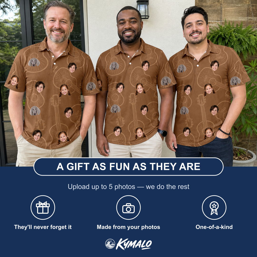 Friends in matching Men's Chord Kinship Custom Face Polo Shirt — a group gift photo