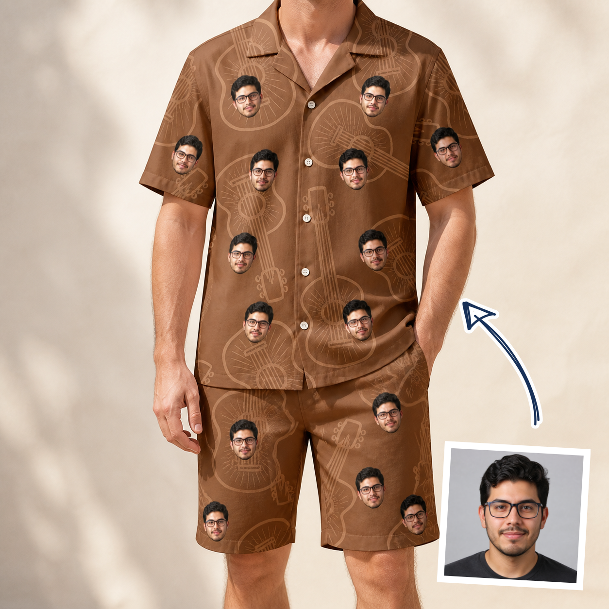 Man wearing Men's Chord Kinship Custom Face Shirt & Shorts Set — custom faces printed all-over