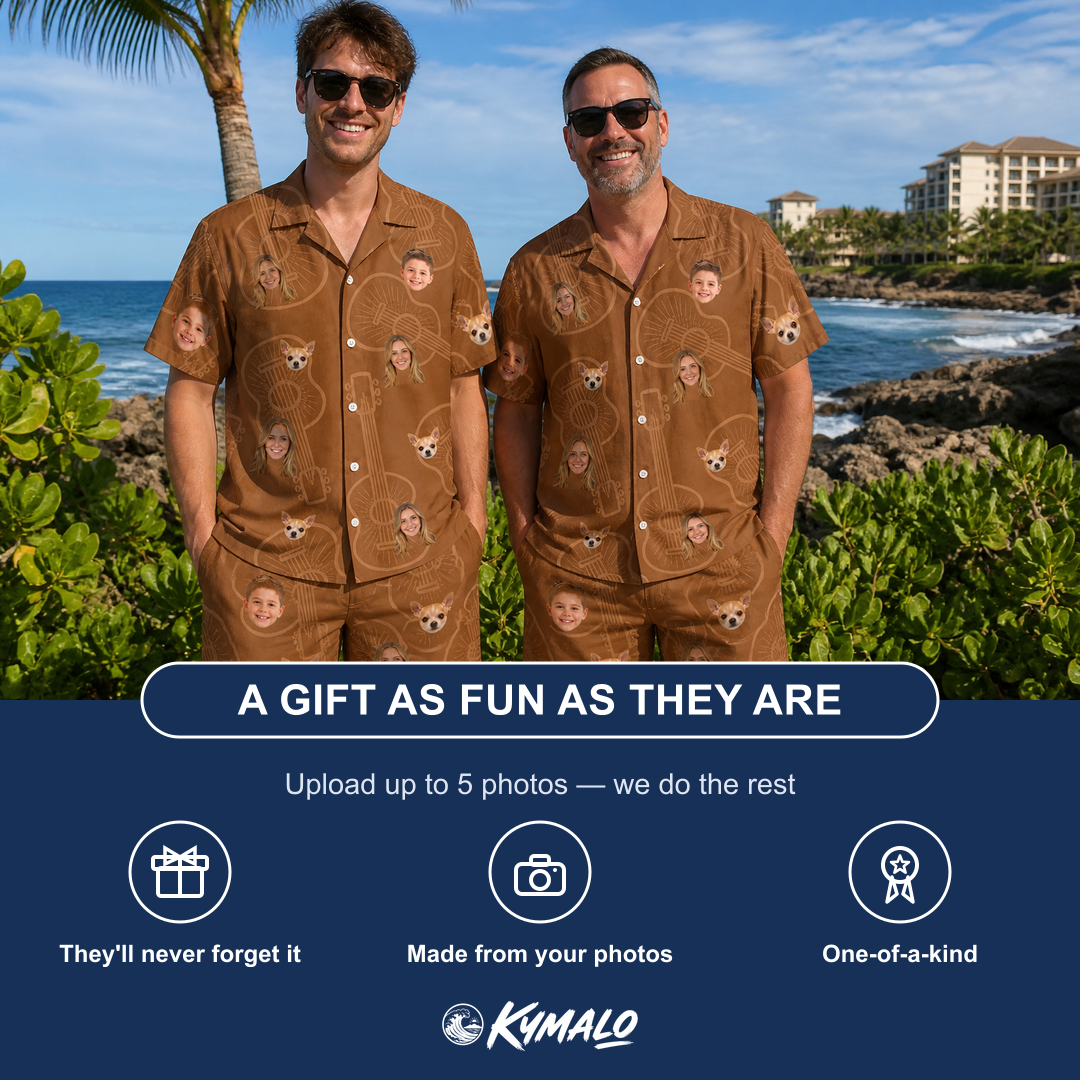 Friends in matching Men's Chord Kinship Custom Face Shirt & Shorts Set — a group gift photo