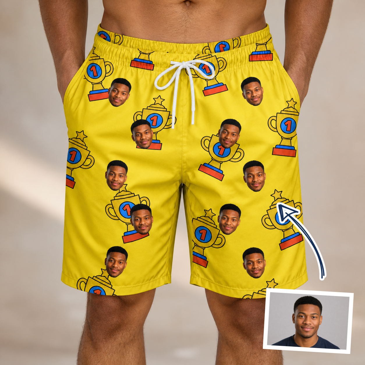 Man wearing Men's Father’s Day Dynasty Custom Face Beach Shorts — custom faces printed all-over