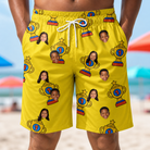 Model wearing Men's Father’s Day Dynasty Custom Face Beach Shorts printed with kids' faces