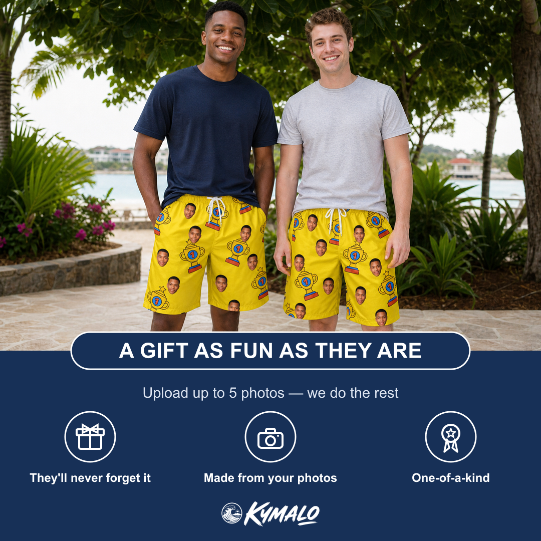 Friends in matching Men's Father’s Day Dynasty Custom Face Beach Shorts — a group gift photo
