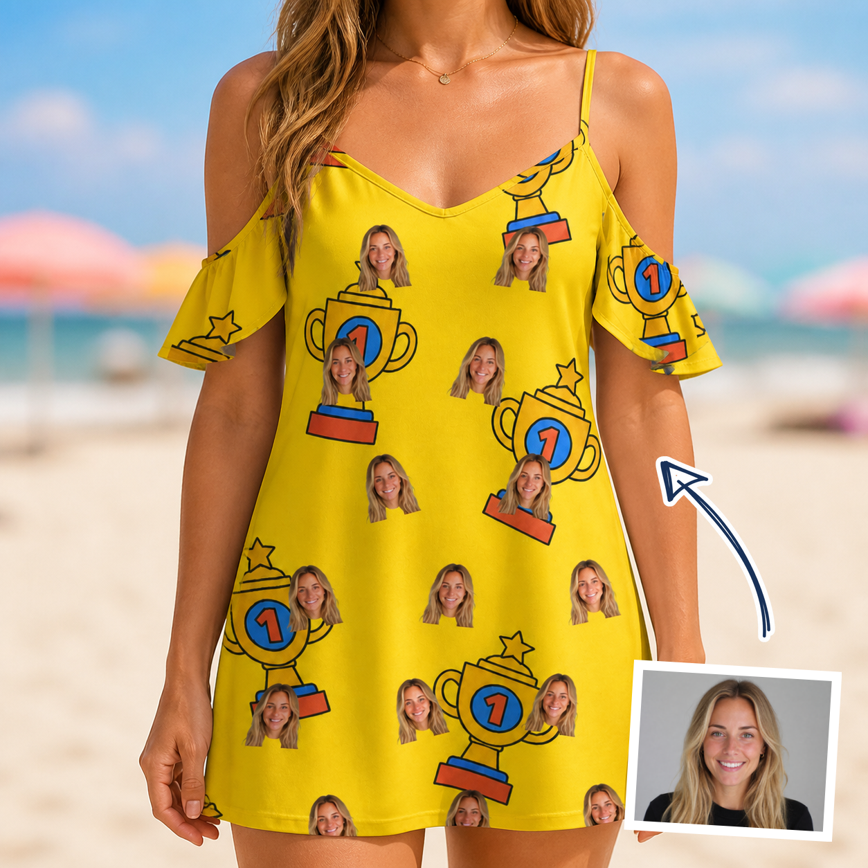 Woman wearing Women's Father’s Day Dynasty Custom Face Off-Shoulder Dress — custom faces printed all-over