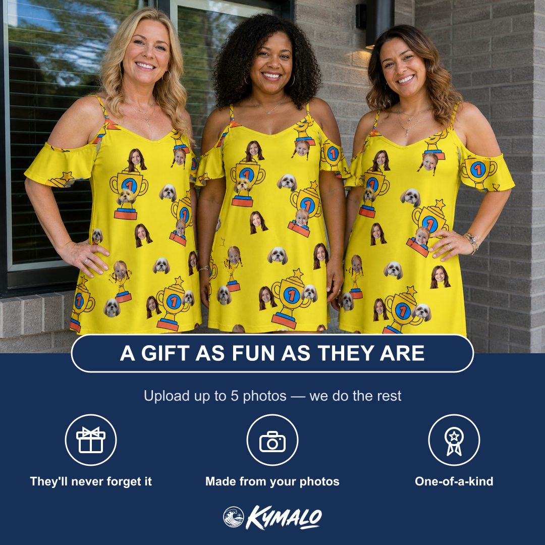 Friends in matching Women's Father’s Day Dynasty Custom Face Off-Shoulder Dress — a group gift photo